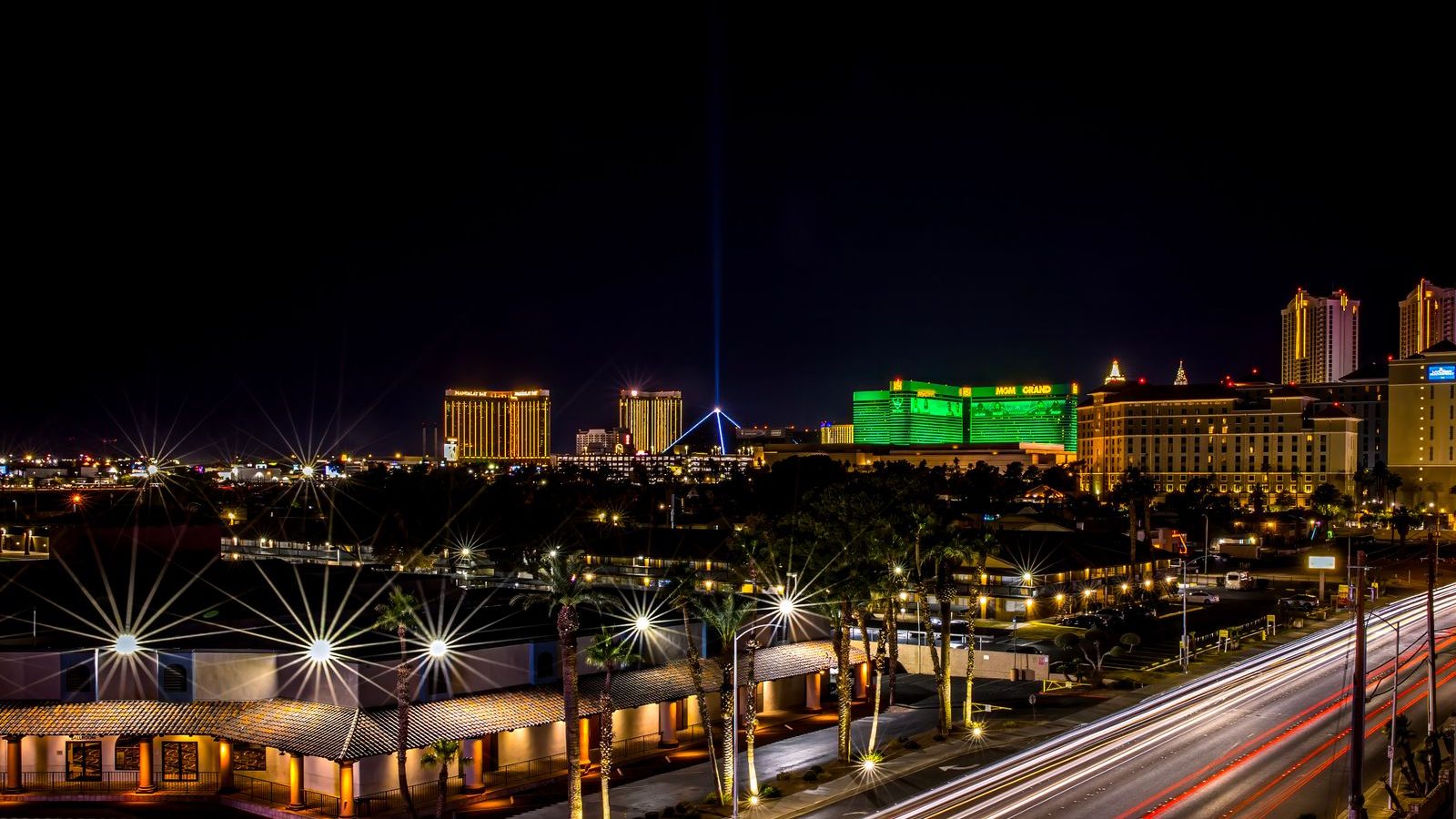 Las Vegas Strip at night with casino marquees and neon lighting